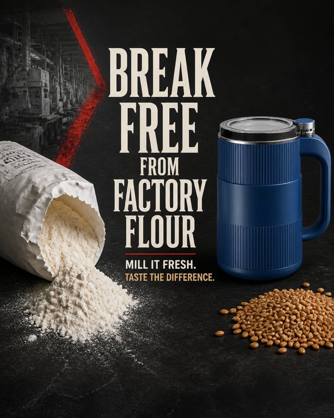 Torn industrial flour bag spilling refined white flour next to a GRAIN BLOOM mill standing beside whole wheat berries