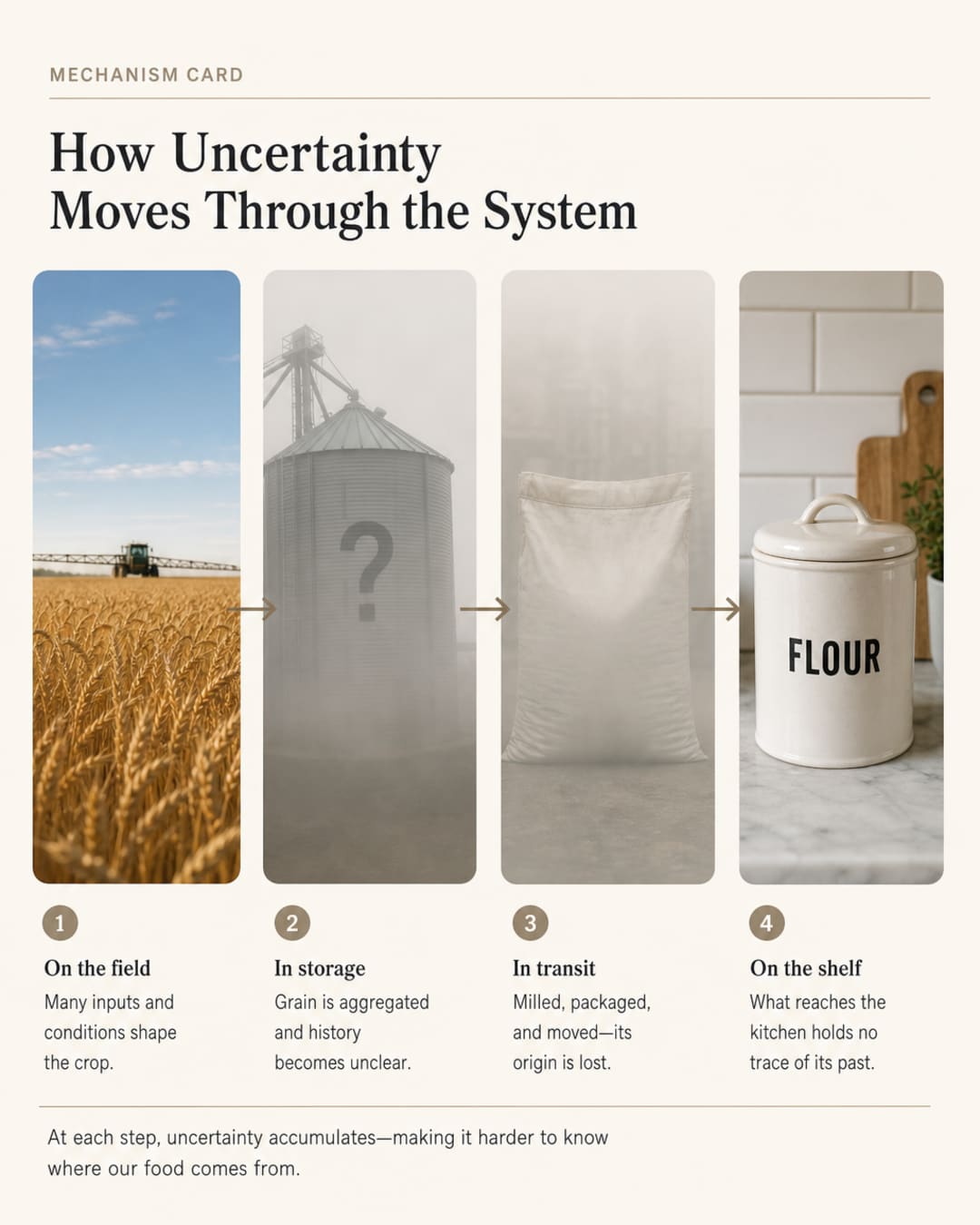 Four-stage path from a wheat field under a sprayer to an unknown silo, an unlabeled industrial sack, and a kitchen canister marked flour