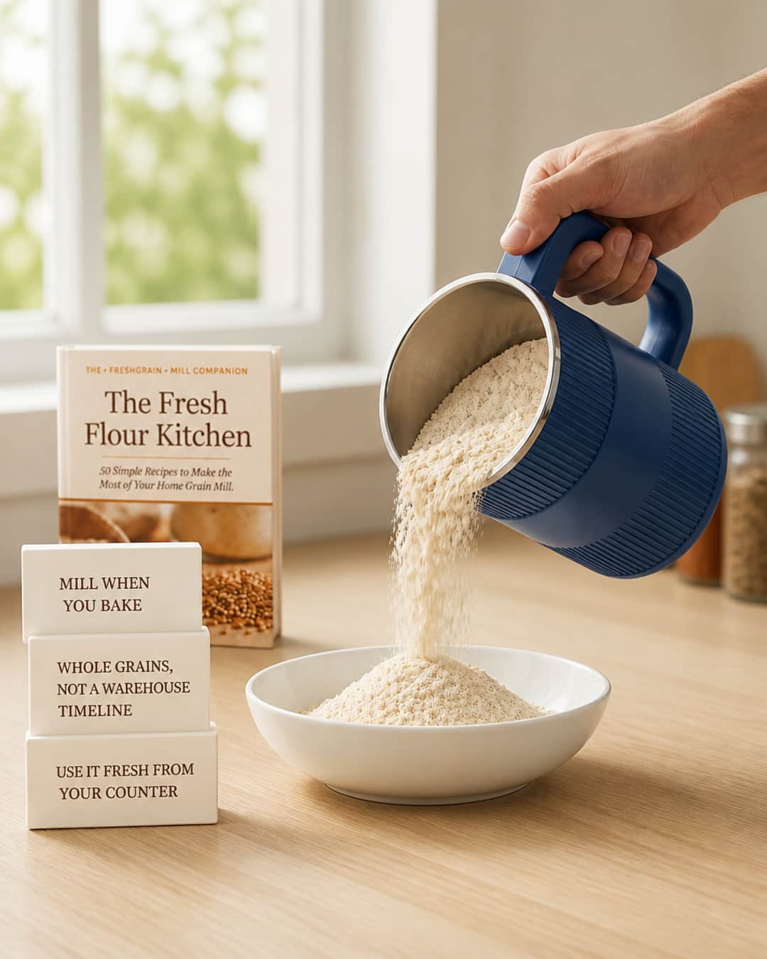 GRAIN BLOOM mill on a kitchen counter with freshly milled flour poured into a bowl