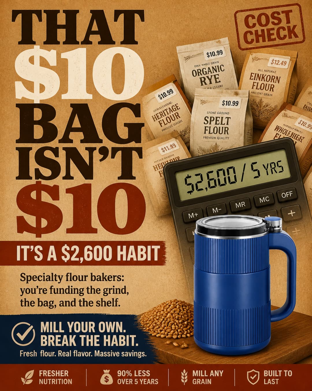 Direct-response graphic showing that a $10 specialty flour bag can become a $2,600 five-year habit, with premium flour bags, a cost-check badge, and a home grain mill beside whole wheat berries