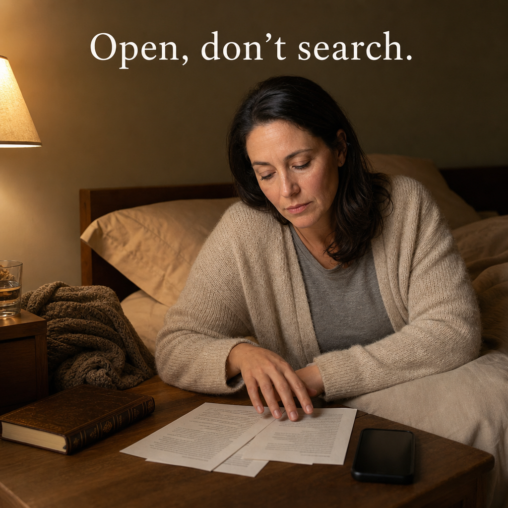 A person sitting on the edge of a bed at night by a single lamp, several prayer options laid out in front of them with the open book among them