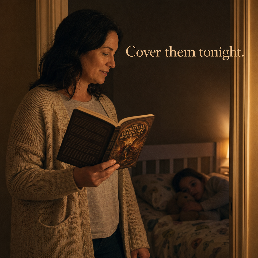 A parent and a child together in a quiet hallway at night, the book open and a prayer being spoken over the household