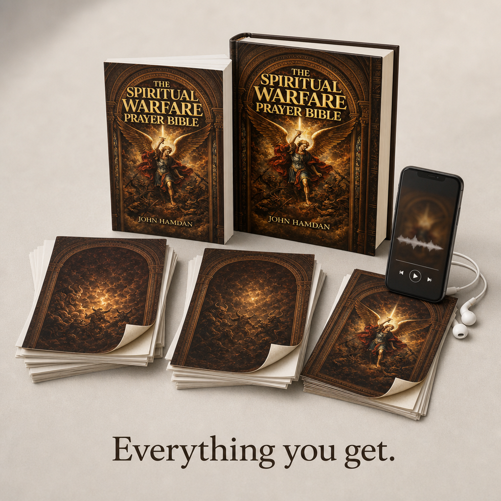 The Spiritual Warfare Prayer Bible in paperback and hardcover with its audiobook and three printable PDFs