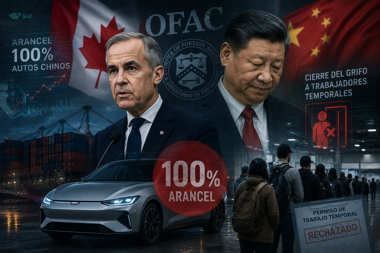 CANADÁ APLICA UN ARANCEL DE SHOCK DEL 100 % A LOS AUTOS CHINOS Y CIERRA EL GRIFO A TRABAJADORES TEMPORALES