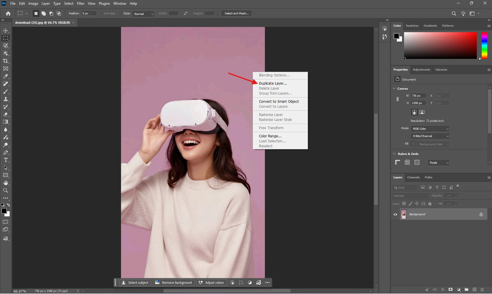 duplicating the background layer in Photoshop before removing the background