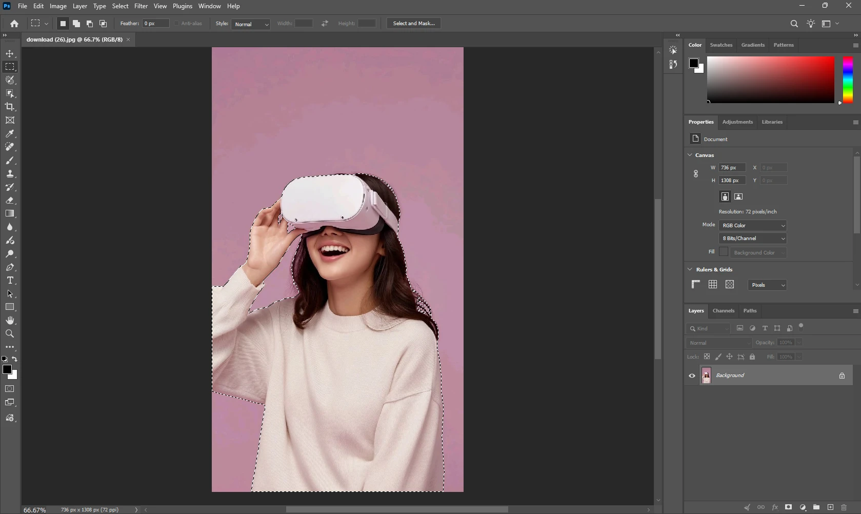 Select Subject tool creating a selection around a person in Photoshop