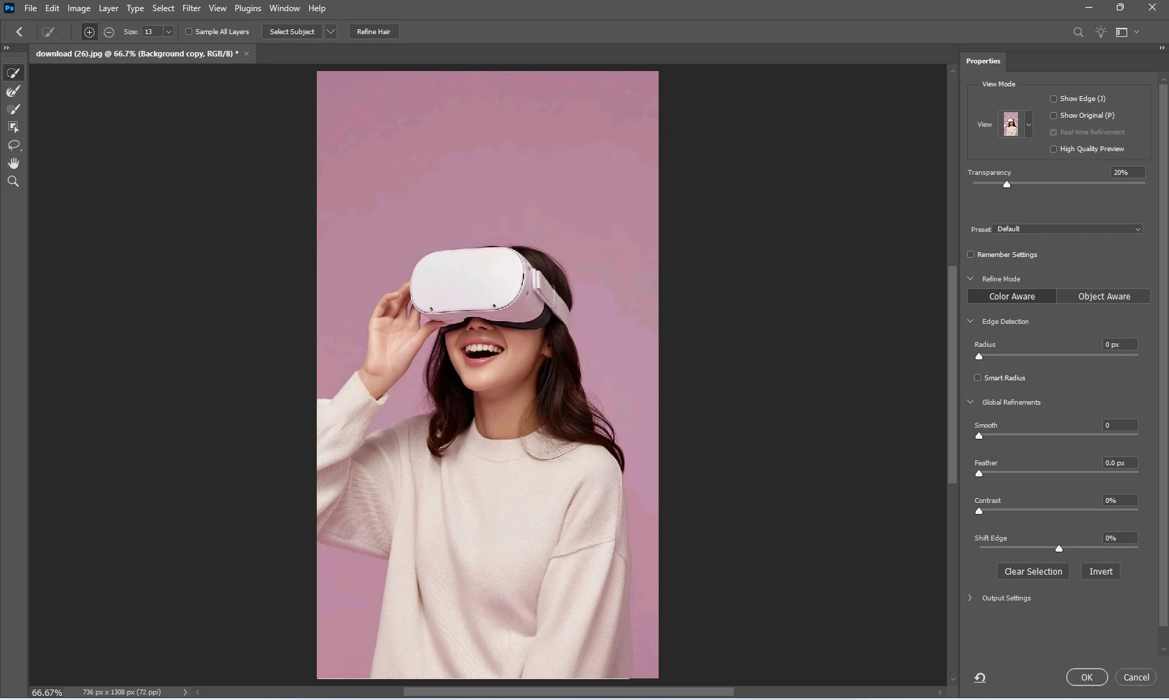 Photoshop Select and Mask workspace with edge refinement sliders