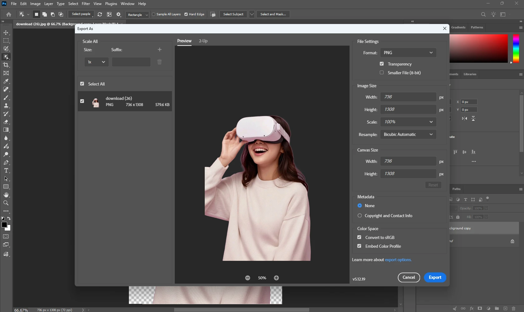 exporting a transparent PNG from Photoshop with the Export As dialog