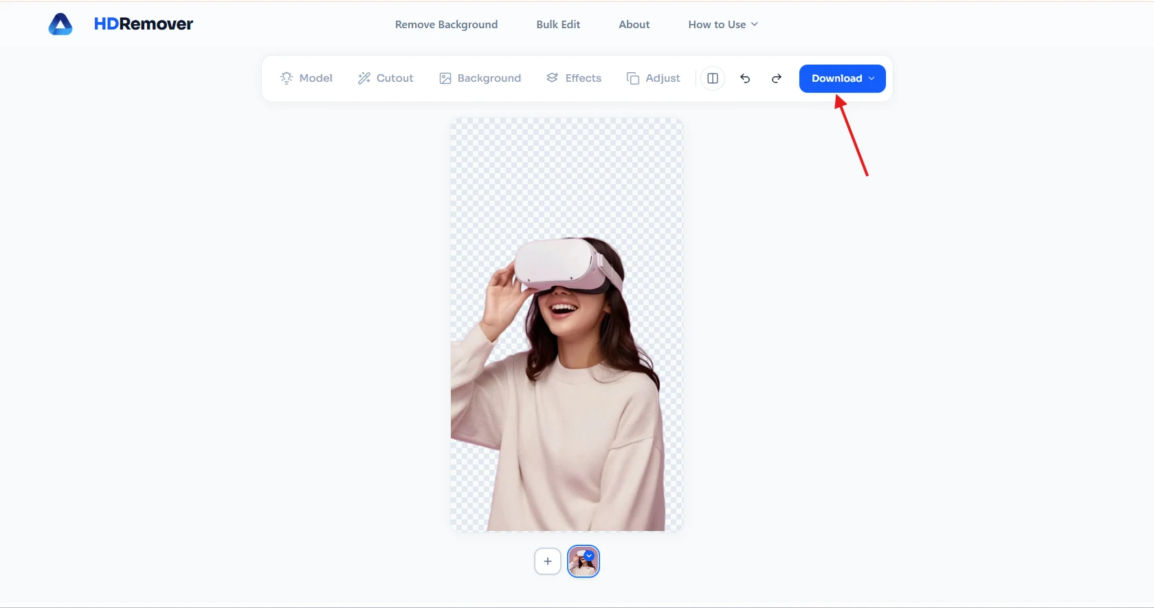 HDRemover AI background removal tool showing an instant transparent result