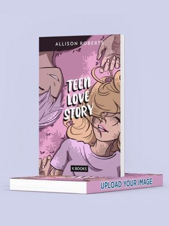 A romance paperback book mockup standing over another book 