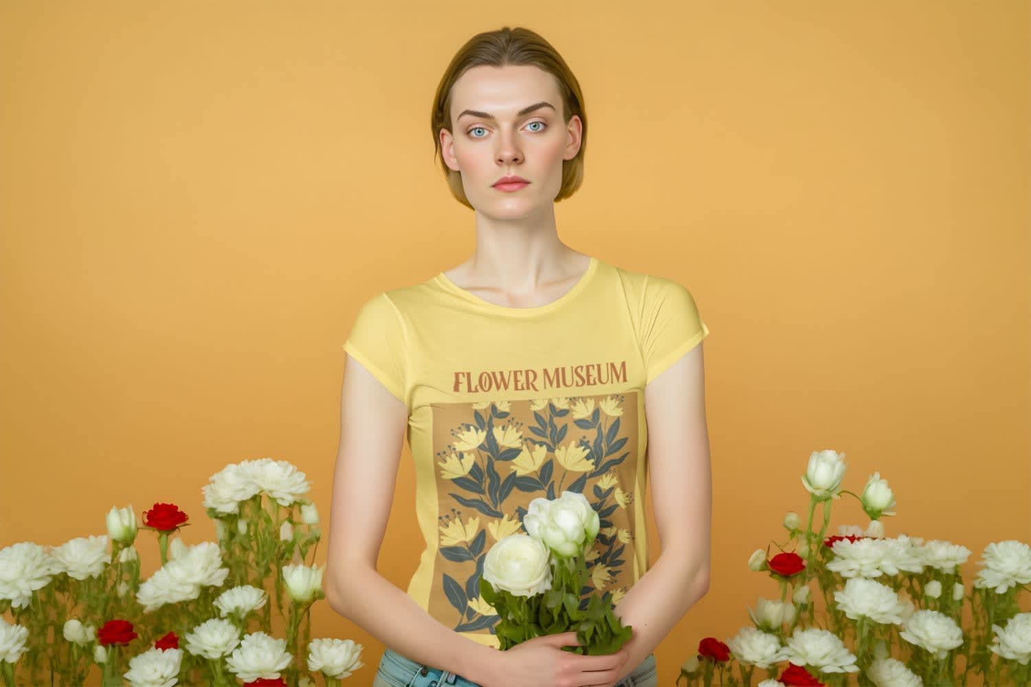 An AI-generated blonde woman with blue ideas and a yellow shirt holding pale yellow flowers 