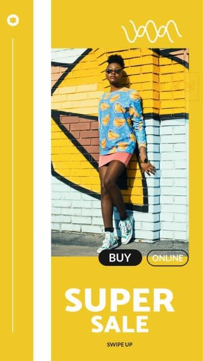 A yellow and minimalist instagram story for a super sale featuring an aesthetic young model wearing sunglasses and summery clothes