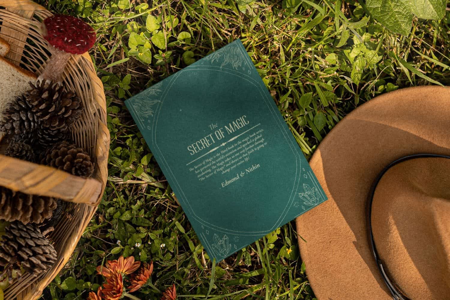 A cottage theme mockup of a green mystery book lying on the green grass