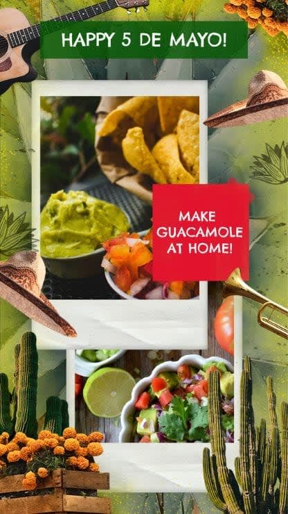 A festive instagram story featuring Mexican elements to celebrate a happy Cinco de Mayo while showing photographs of how to prepare guacamole 