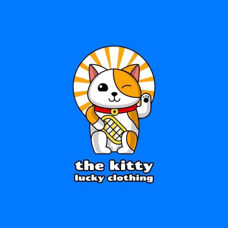 A bright blue logo featuring a cute and colorful cat illustration for a clothing brand 