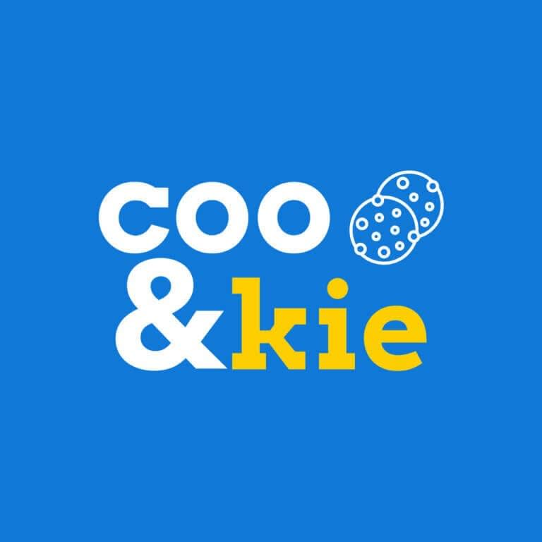 A blue logo featuring a bold font with a flat cookie icon 