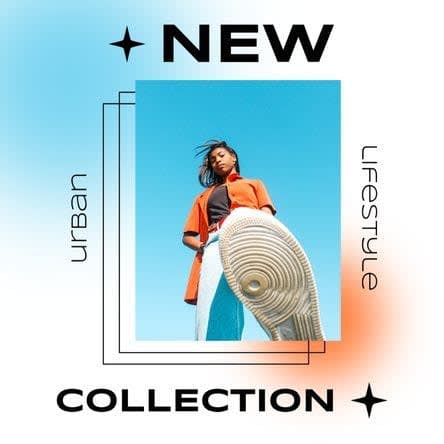 A Facebook post design template featuring a girl posing and promoting a new clothing brand product 