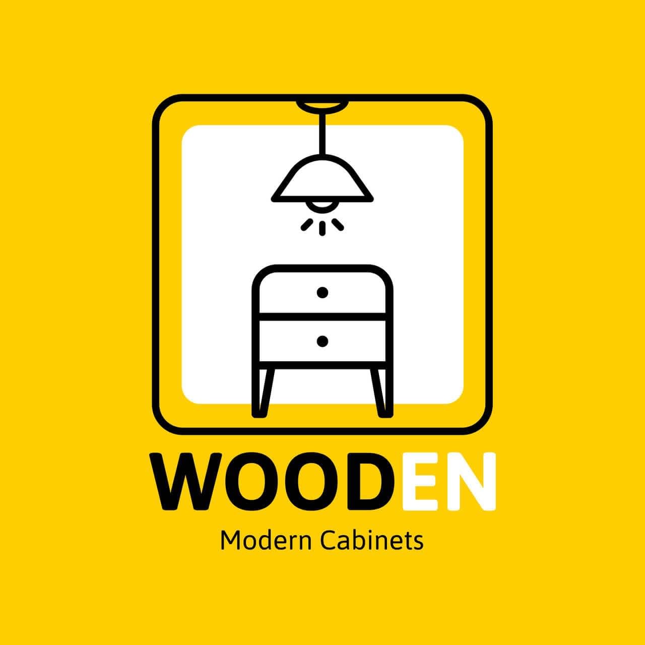 A yellow logo for a wood brand featuring a flat cabinet as its main image