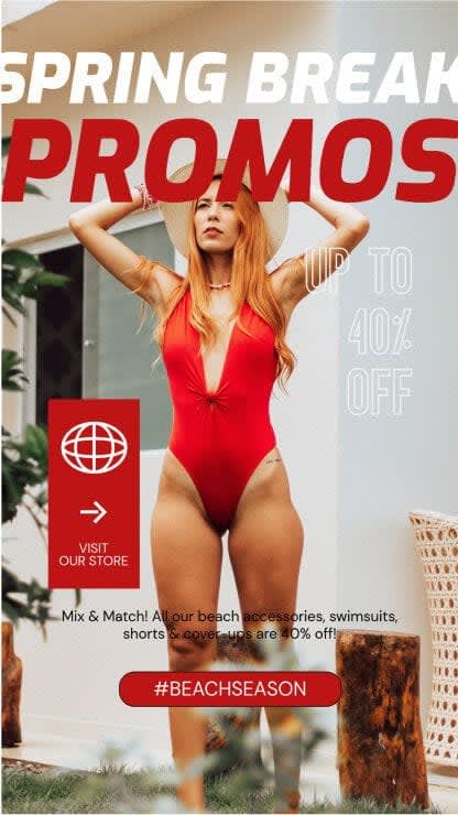 An Instagram Story featuring a young female model in a red swimsuit announcing the spring break promos 
