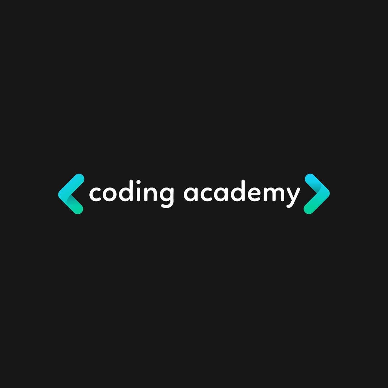 A minimalistic black logo featuring a sans serif font and coding elements for a coding school 