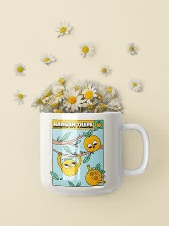 A beautiful white cup mockup portraying some little white flowers inside of it 