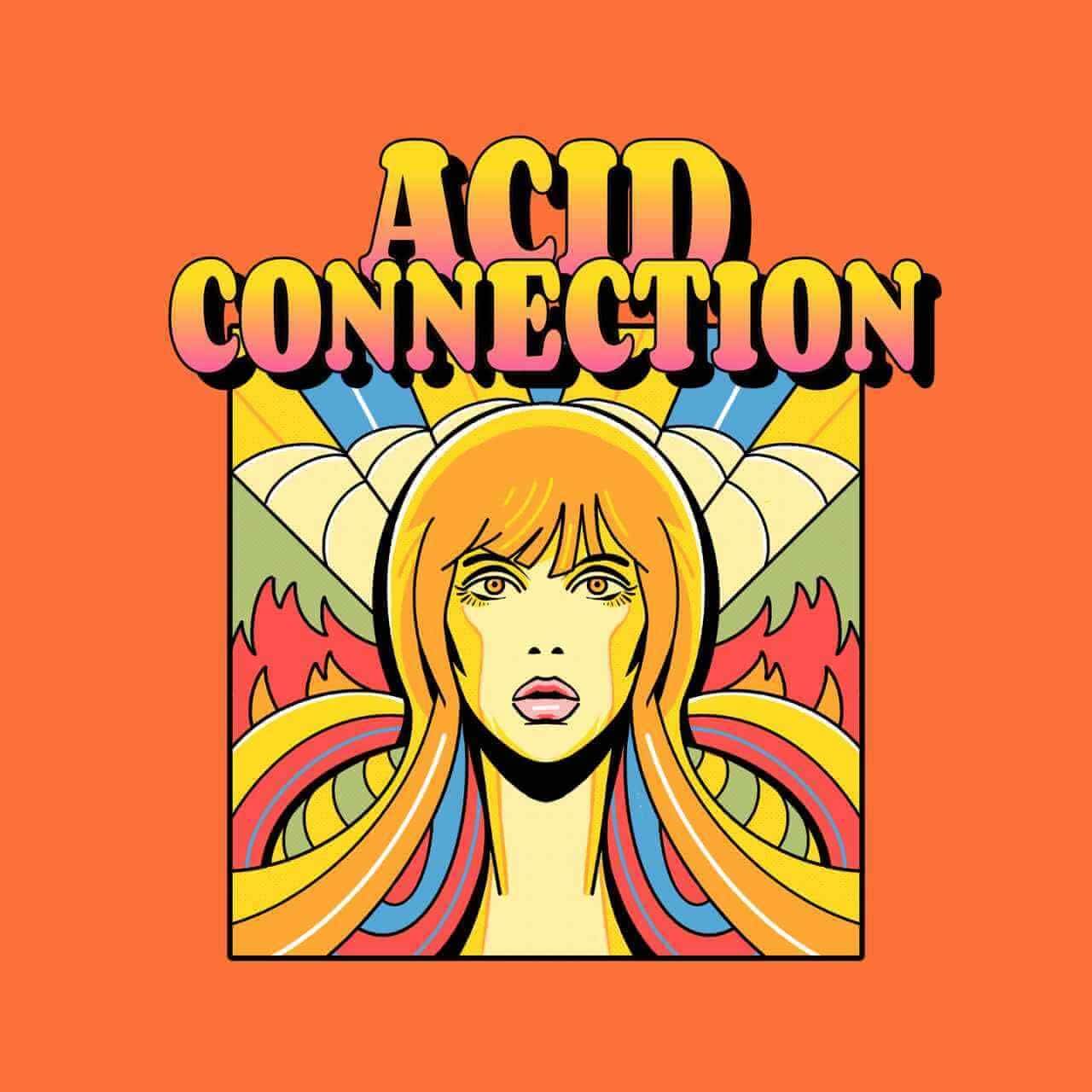 A rainbow logo featuring a psychedelic illustration of a woman and gradient and bold typefaces 