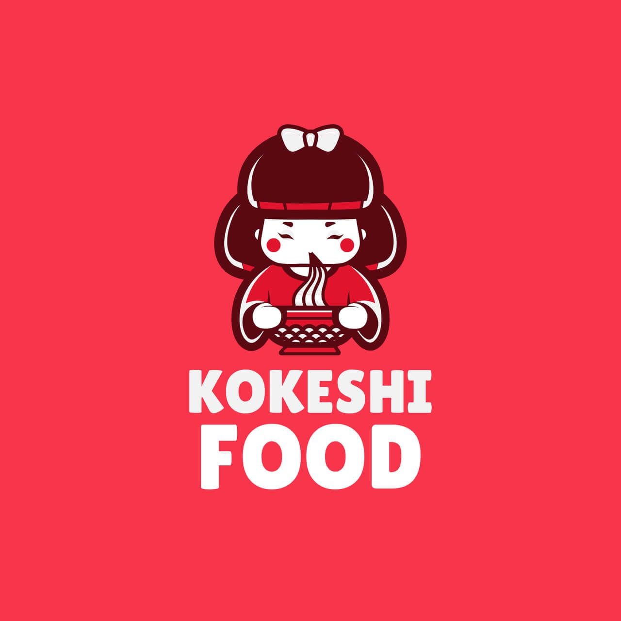 A red logo for an Asian restaurant featuring a cute doll illustration eating noodles 