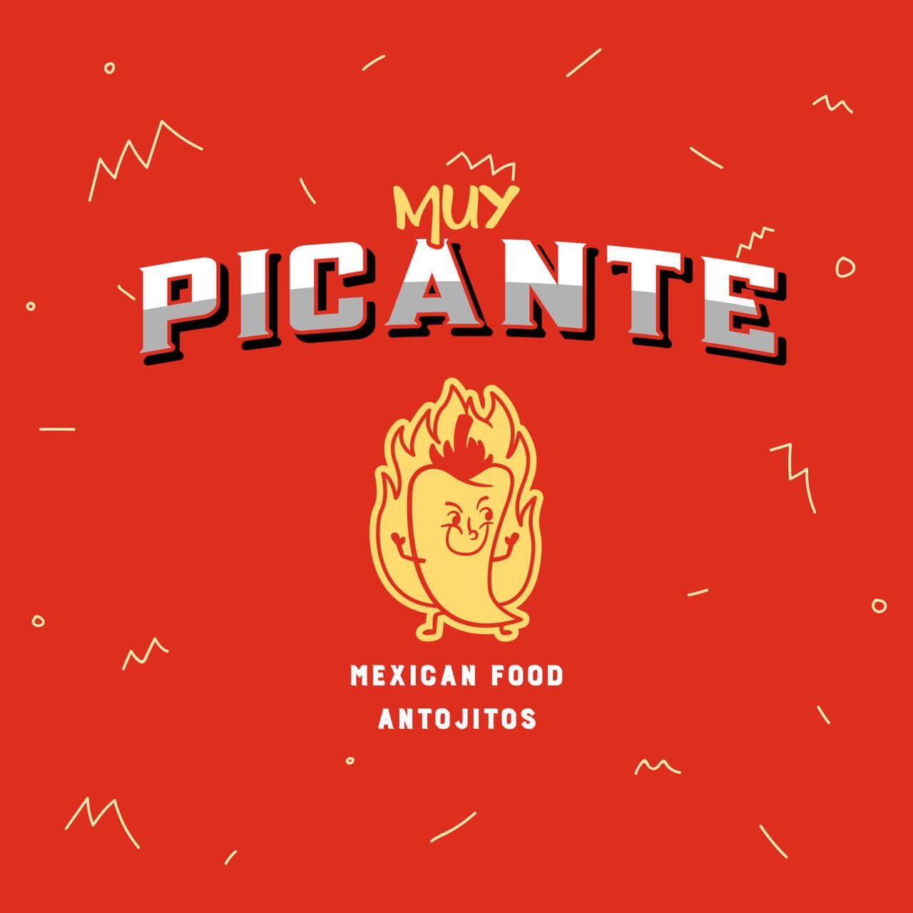 A red logo for a Mexican cuisine restaurant featuring a bold taco illustration with fire doodles around it 