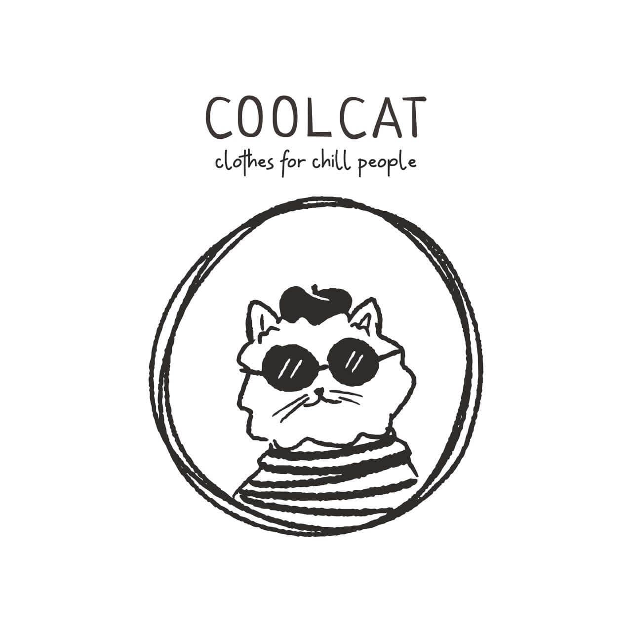 A white and black logo featuring a hand-drawn cat wearing a french style and cool glasses 