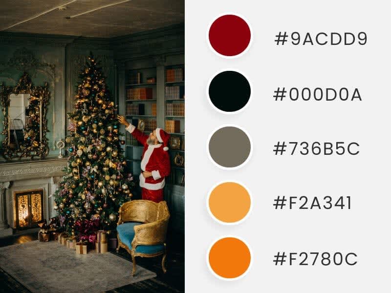 A photograph showing Santa Claus placing a sphere on the Christmas tree inside a house, accompanied by colored circles showing the corresponding hexadecimal codes of the main image. 