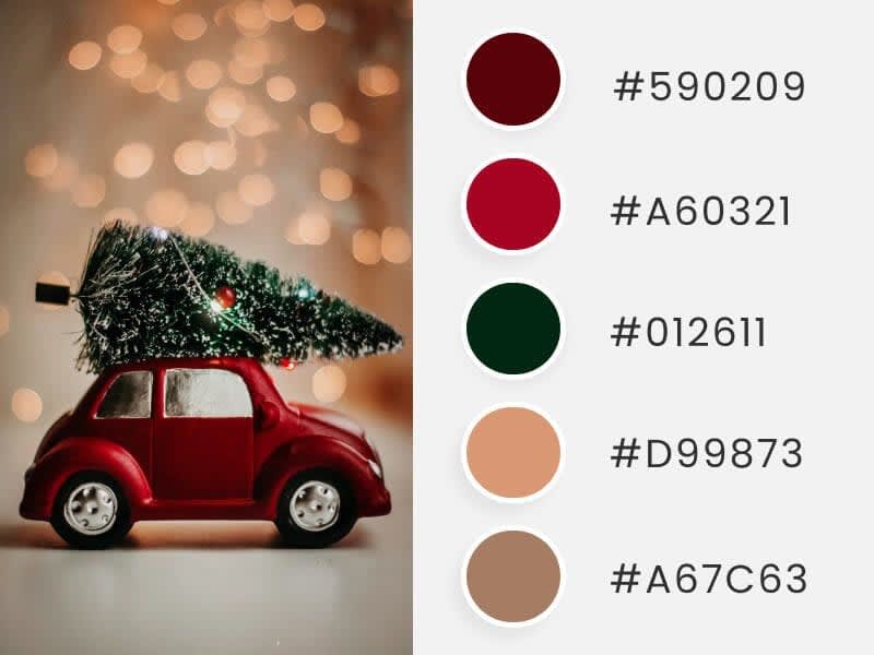 A photograph of a red car carrying a Christmas tree, accompanied by colored circles showing their corresponding hexadecimal codes.