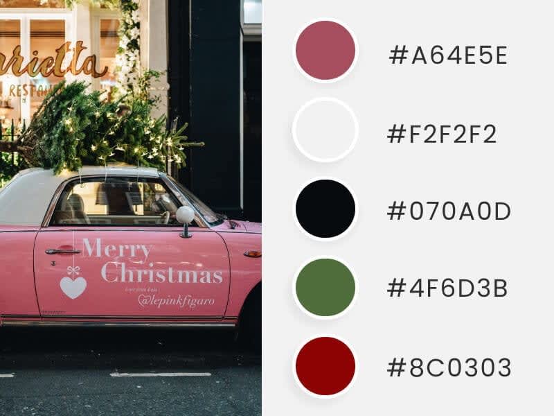 A lovely photograph of a pink car carrying a Christmas tree, accompanied by colored circles showing their corresponding HEX codes.