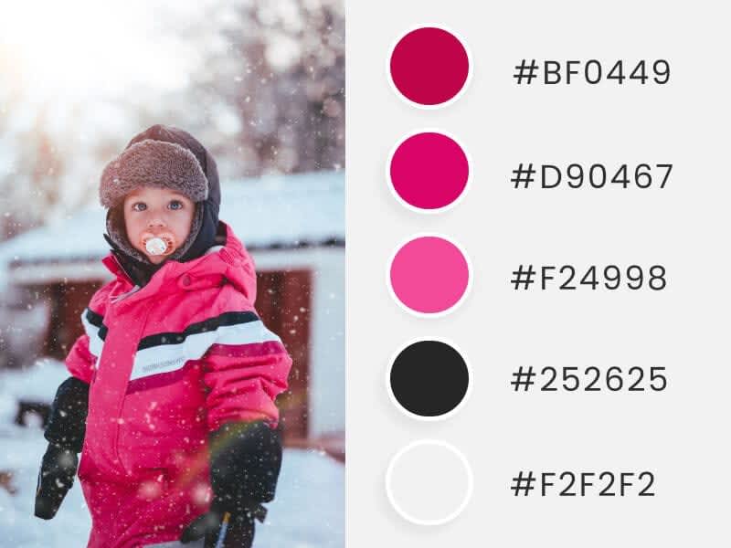 A photograph of a little girl wearing a bright pink jacket in wintertime, accompanied by colored circles displaying the corresponding hex codes of the main image. 