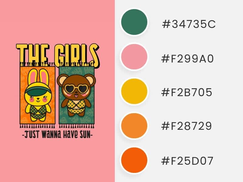 Summer Color Palette for Print-on-Demand Inspired by a BT21 Inspired T-Shirt Design Template Featuring Cute Female Characters