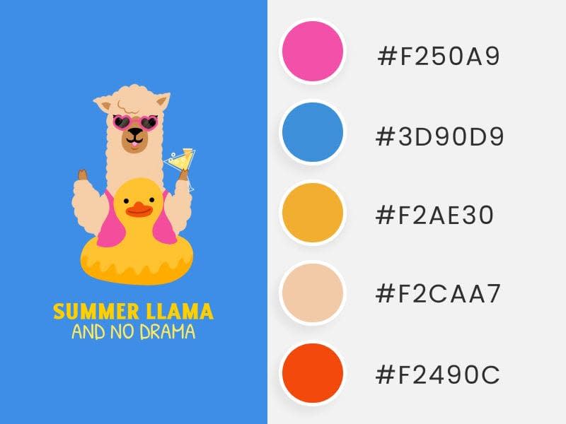 Summer Color Palette to Inspire POD Sellers Created With a Fun T-Shirt Design Featuring a Llama Enjoying Summer