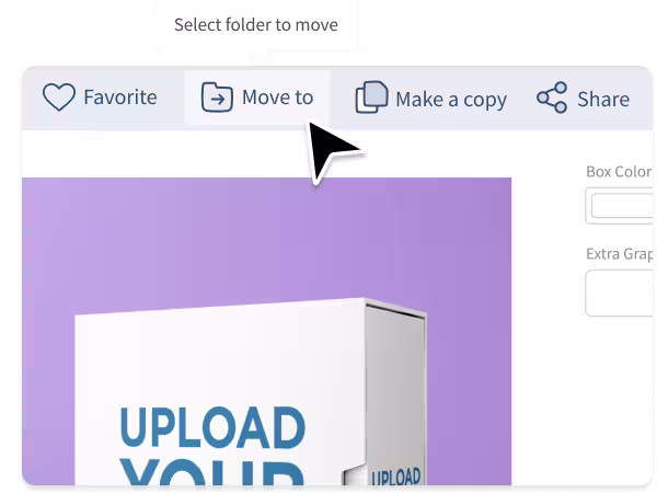 A close-up screenshot of the Placeit editor showing how to move a template to another folder in the My Placeit section. 