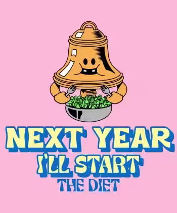 A New Year's design template featuring a golden bell eating salad and ready for the holiday season 