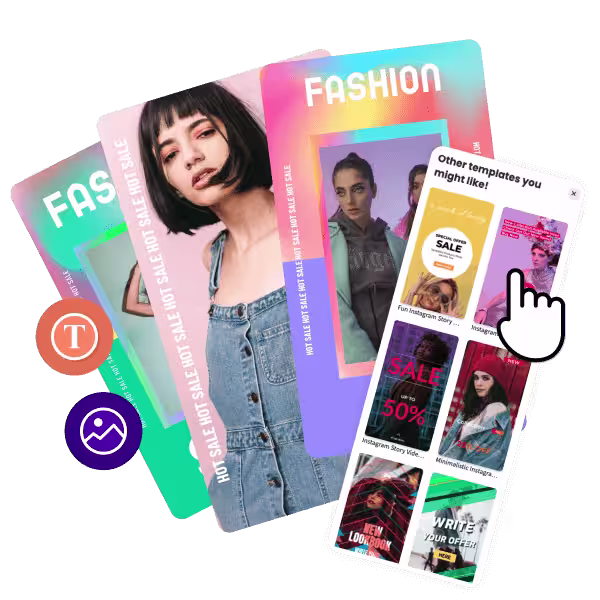 A collection of 3 vertical video templates with a cursor for customization options 