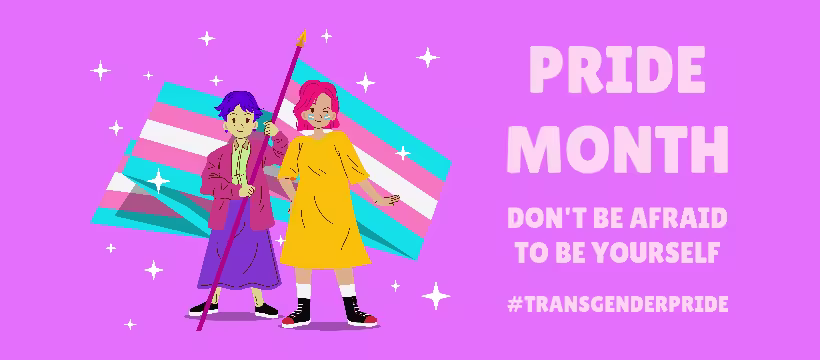 An illustrated Facebook cover design template with a pride month theme featuring two girls holding an LGBT flag