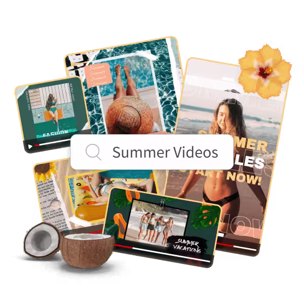 Five beautiful video templates featuring a summer vibes theme design including some refreshing elements like flowers and cocos to decorate  