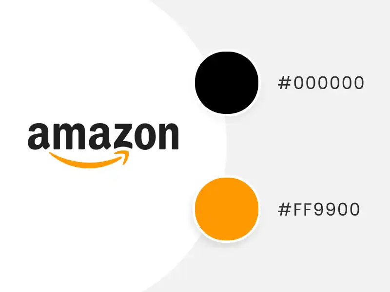 An Amazon logo color scheme featuring its two brand colors with HEX codes and circles containing the exact shades