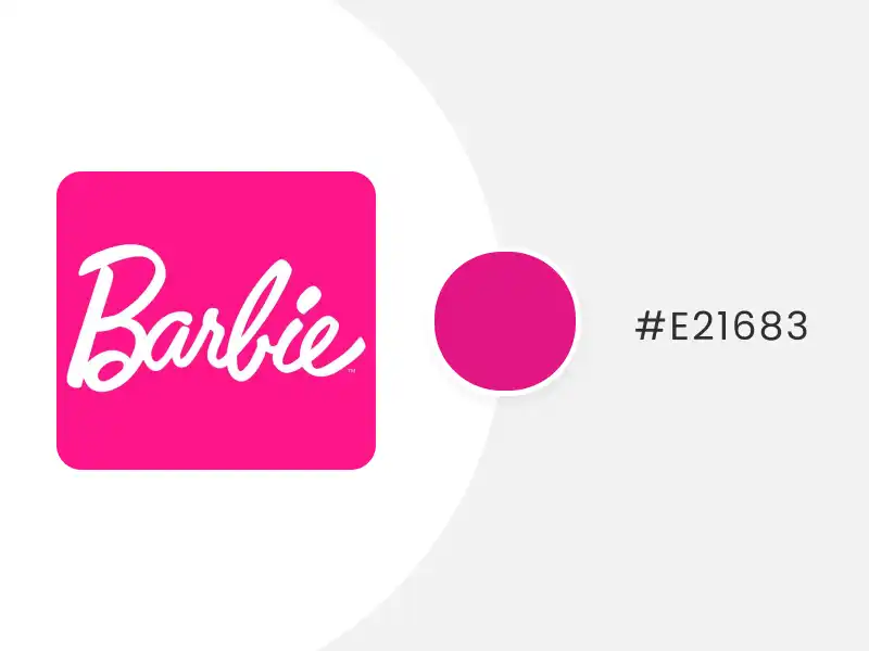 A Barbie logo color scheme featuring its brand color with HEX code and a circle containing the exact shade