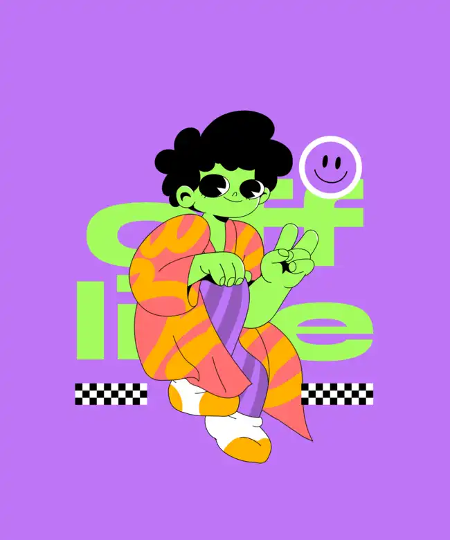 A cool t-shirt design template that includes only secondary colors featuring a green grovy alien wearing a dress