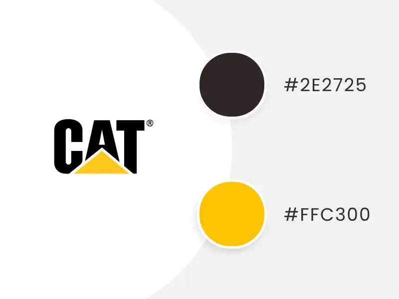 A CAT logo color scheme featuring its two brand colors with HEX codes and circles containing the exact shades
