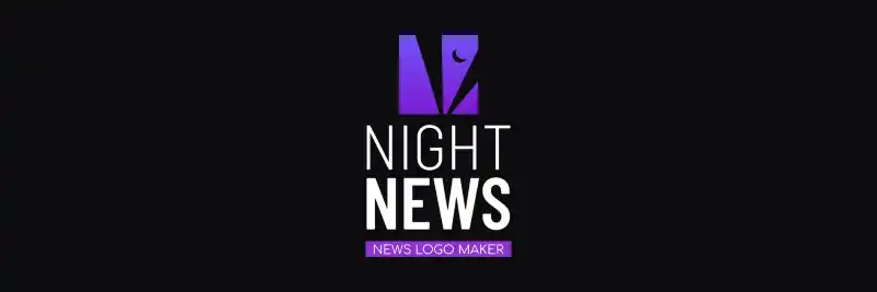 A black background featuring a white and purple news logo in the middle of the image