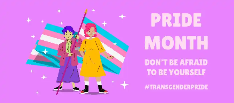 An illustrated Facebook cover design template with a pride month theme featuring two girls holding an LGBT flag 