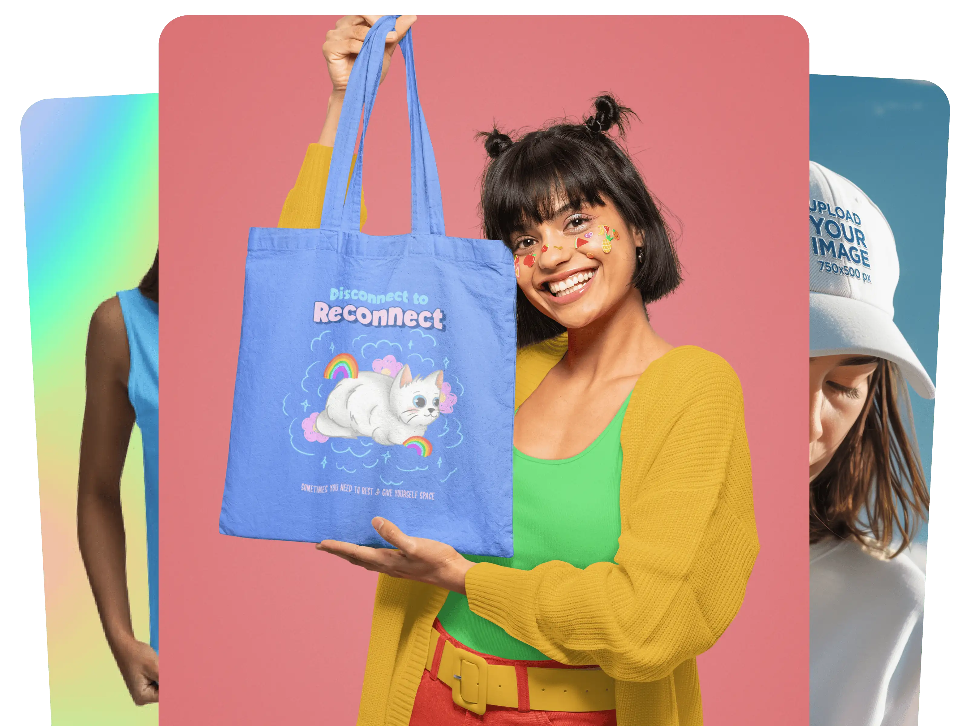 Print-On-Demand Sellers Thumbnail Displaying A Mockup Of A Smiling Woman Holding a Tote Bag