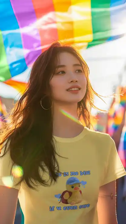 AI-Created Mockup of a Woman Wearing a Rounded-Neck T-Shirt at an LGBT Pride March