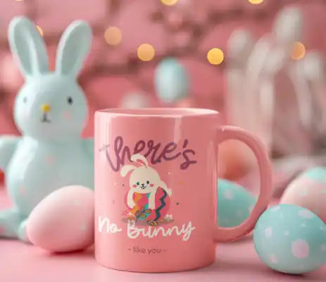 Mockup Of An AI Created Coffee Mug Placed In An Easter Decorated Setting With Colorful Eggs