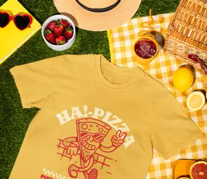 Summer Mockup Featuring a Comfort Colors Tee Lying on a Picnic Setting With Fresh Drinks